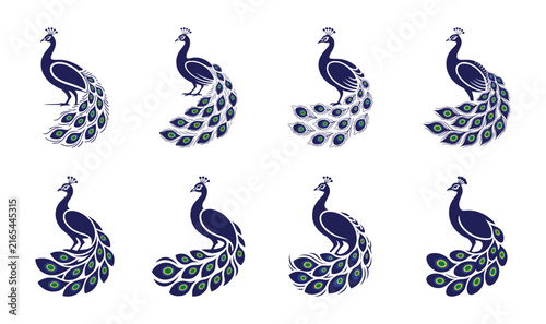 Set of stylized peacock bird icons for luxury branding and elegant logo design elements.