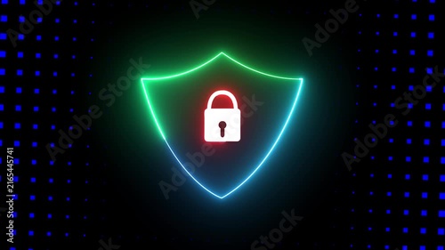 Neon shield with padlock cyber security animation for data protection and digital privacy concepts padlock information security