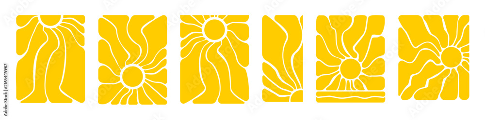Fototapeta premium Retro Groove sun pattern with groovy waves and radial rays. Vintage summer background featuring psychedelic sunburst design, vibrant colors, and 70s-inspired geometric shapes.
