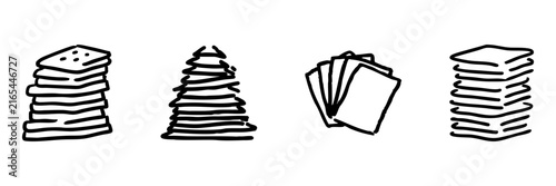 Stacked Items Hand Drawn Doodle Icon Set. Various Stacks Of Papers, Pancakes, And Cards Sketch Symbol Collection. Office, Breakfast, And Organization. Isolated Vector Illustration