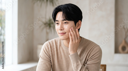 Young Korean Man Touching Cheek for Minimalist Skincare Editorial