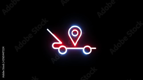 Neon car map pointer sign glowing on black background for automotive navigation services.