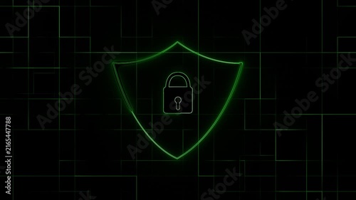 Cyber security shield with digital padlock animation for network data protection digital shield encryption