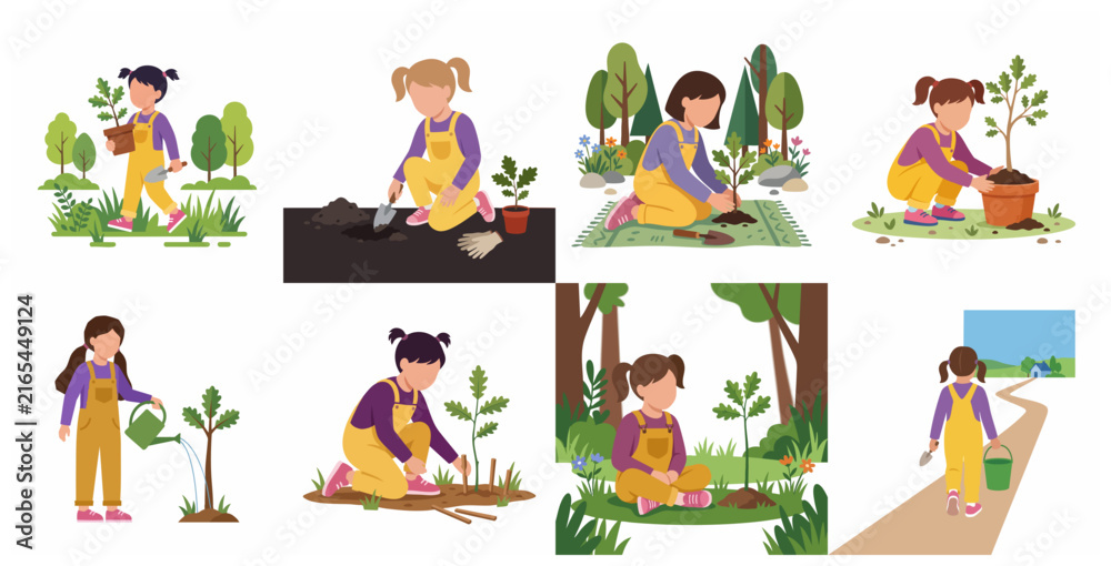 Fototapeta premium Collection of flat illustrations of a little girl gardening planting trees and caring for environment