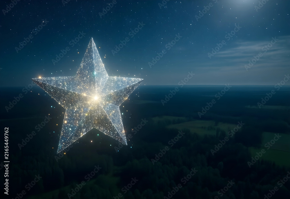 Naklejka premium Achievement and success concept, glowing star with sparkling particles over a dark night landscape with forest and sky