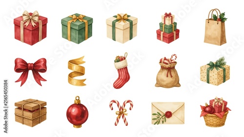 Watercolor set of christmas holiday decorations featuring gift boxes, bows, stockings, candy canes, and mail envelopes on white background.