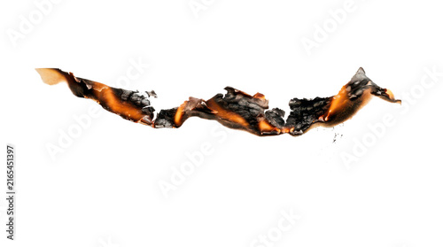 Burning paper strip with glowing embers isolated on transparent background