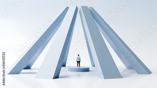Man standing on platform as giant pillars close in pressing inward from all sides, pressure, overwhelm and being crushed by forces around him concept, 3d render