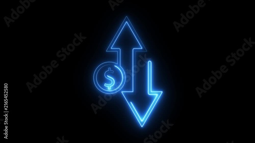 Neon blue currency exchange icon glowing in dark background representing financial growth.
