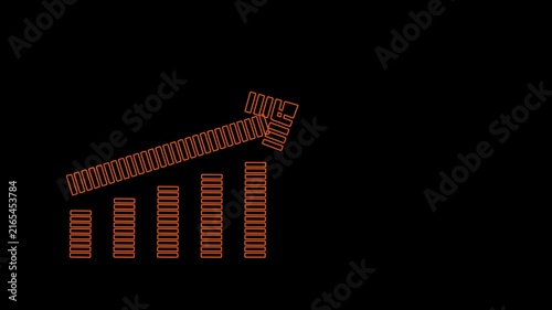 Neon financial growth chart animation: rising bar graph with upward arrow for business success and economic analysis