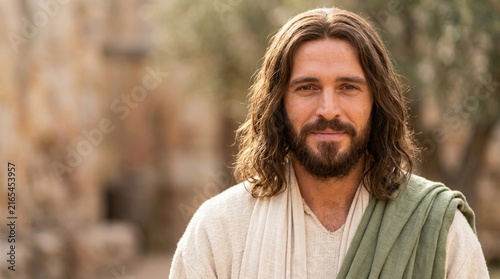 Portrait of smiling Jesus Christ man with long hair and beard wearing robe. Christian faith and divine love concept. Easter and resurrection celebration