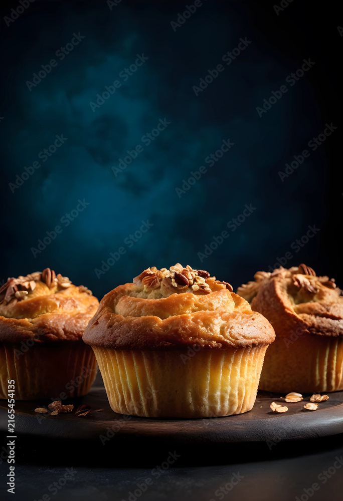 Naklejka premium Gourmet pecan muffins on a dark background, bakery and dessert concepts, sweet treats and breakfast pastries