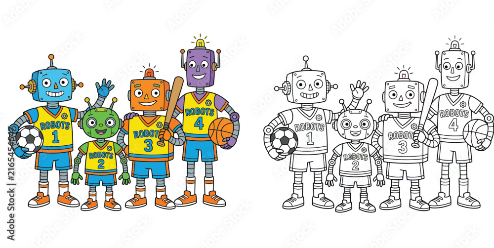 Fototapeta premium Cute Cartoon Robot Sports Team with Balls and Bat, Colored Character Set and Line Art Coloring Page for Kids Activity Vector Illustration