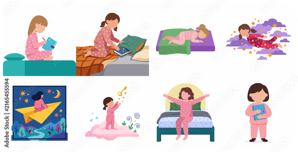 Fototapeta premium Collection of little girl character in pink pajamas for bedtime routine and magical dream concepts including sleeping, writing in diary, and flying through the stars
