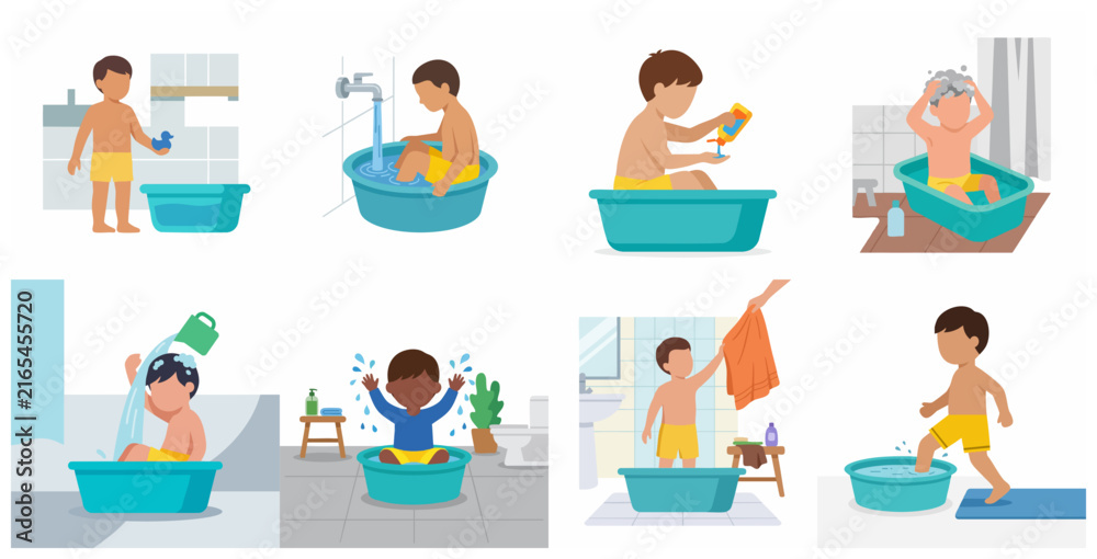 Fototapeta premium Set of illustrations featuring a young boy's daily bath time routine, from washing hair to drying with a towel