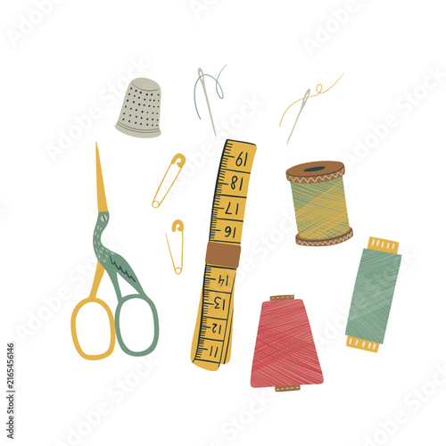 Bild auf Leinwand Hand drawn sewing supplies set with scissors, measuring tape, thread spools, needles, safety pins and thimble