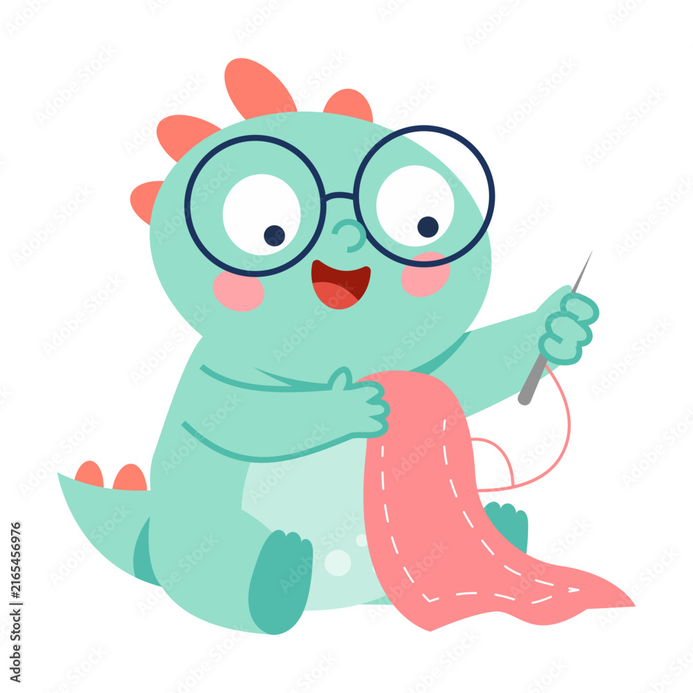 Fototapeta premium Mint dinosaur with oversized glasses sits sewing a long pink fabric piece with needle and thread, focused on a cheerful craft-themed character pose.