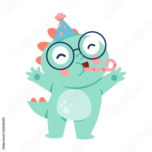 Mint dinosaur with oversized glasses wears a striped party hat and blows a party horn, raising both arms in a cheerful celebration character pose.