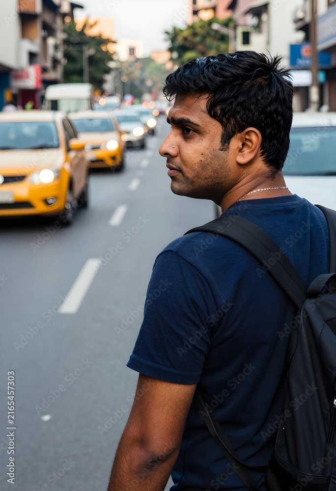 Fototapeta premium Urban travel and daily commute, young man with backpack looking at city traffic on a busy street