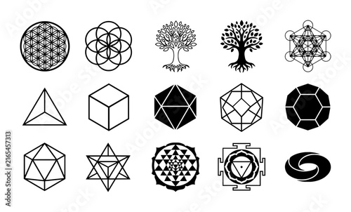 Sacred Geometry Symbols Set, Metatron's Cube, Flower of Life, Tree of Life, Platonic Solids, Sri Yantra, Esoteric Icons, Mystical Vector Graphics