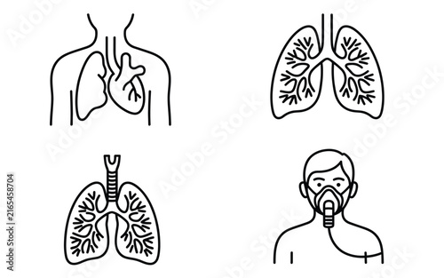 Obraz na plátně Human respiratory system line icon set featuring lungs chest organ heart trachea