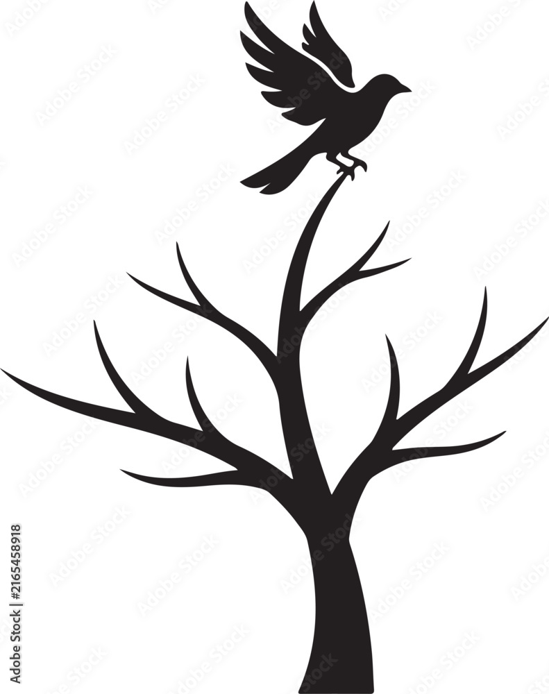 Fototapeta premium Dead Tree Silhouette with Black Bird Spooky Halloween Bare Branches Vector