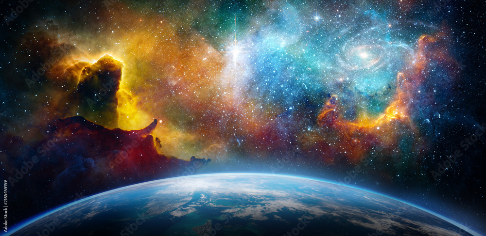 Fototapeta premium Earth from space with bright stars, colorful nebula and deep cosmic sky above the planet horizon. Elements of this image furnished by NASA.