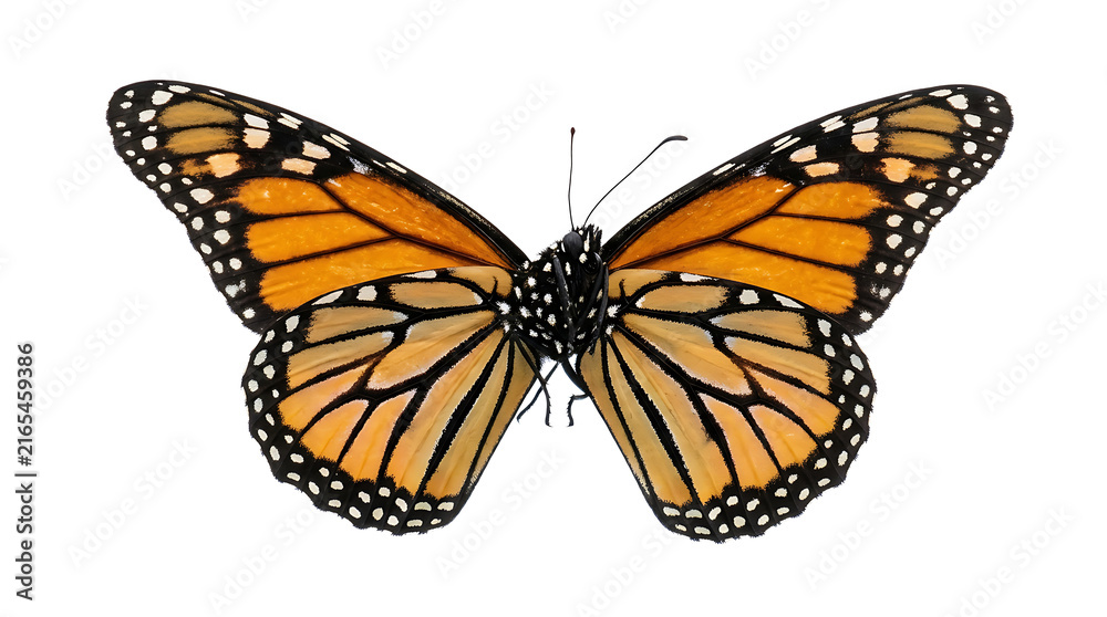 Fototapeta premium Bright orange and black butterfly flying with wings spread isolated on transparent background