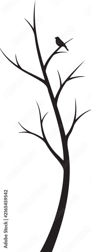 Fototapeta premium Dead Tree Silhouette with Black Bird Spooky Halloween Bare Branches Vector