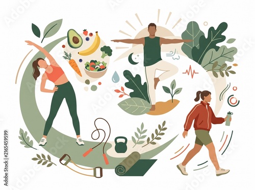 Healthy lifestyle concept with yoga exercises and fresh organic
