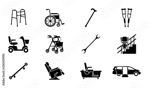 Medical Mobility Aids Vector Icons Set: Wheelchair, Walker, Scooter, Crutches, Cane, Stair Lift, Bath Lift, Accessible Van, Recliner