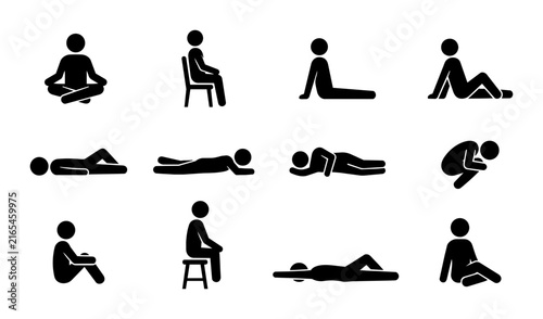 Stick Figure Poses Vector Set, Human Body Positions Collection, Simple Silhouette Figures in Various Stances, Yoga and Relaxation Icons, Black and White Graphic Elements