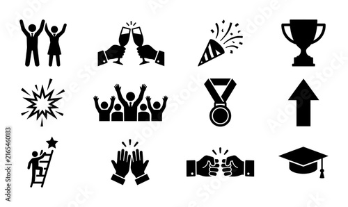 Celebration Icons Set: Achievement, Success, Victory, Awards, Graduation, Party, Recognition, Triumph, Milestone, Vector Graphics