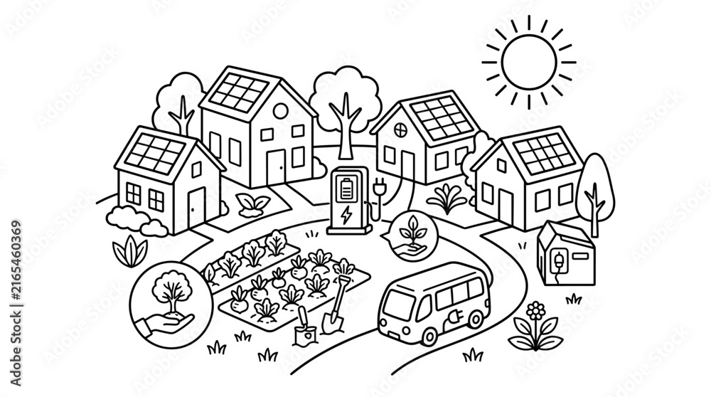 Fototapeta premium Eco-friendly village with solar powered homes, electric vehicle charging, and organic garden, line art illustration