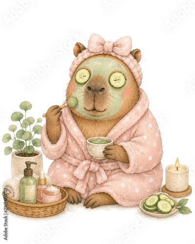 Emotional Support Animal Unbothered Therapy Capybara Self Care Skincare Routine with Face Mask, Watercolor Illustration for Wellness and Beauty, Me Time Mental Health Art Isolated on White