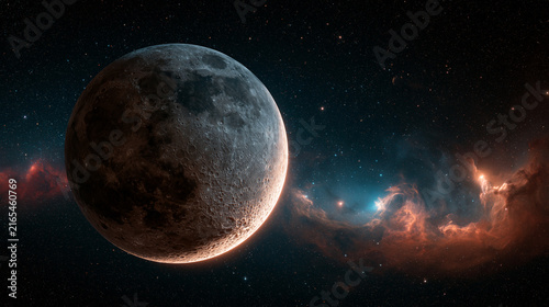 Moon close to a colorful nebula in outer space