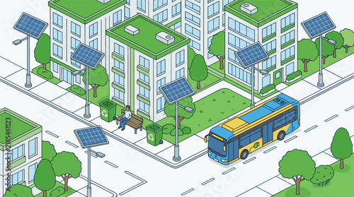 Isometric view of a green city with solar panels, electric bus, and person on bench, flat design illustration