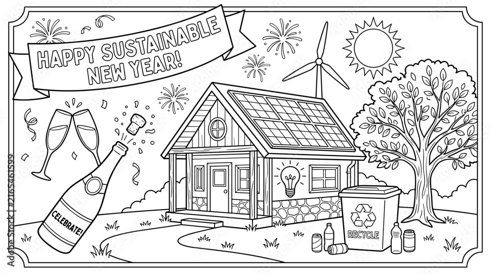 Fototapeta premium Sustainable house with solar panels and wind turbine, celebrating new year with champagne and recycling bin