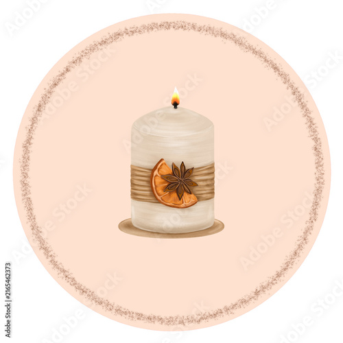 Light beige round sticker with a candle illustration