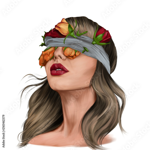 Artistic drawing of a girl with flowers over her eyes, isolated on a transparent background.