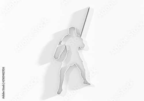 Medieval knight male warrior holding sword and shield. Hero wearing armor. Knight silhouette. For symbol, web icon, mascot and game elements. Protection and security. 3D render.