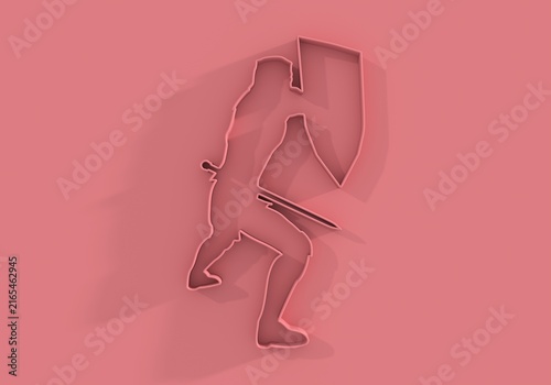 Medieval knight male warrior holding sword and shield. Hero wearing armor. Knight silhouette. For symbol, web icon, mascot and game elements. Protection and security. 3D render.