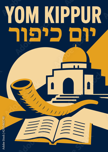 099-27-Yom kippur symbols with shofar, open book, and synagogue under moon