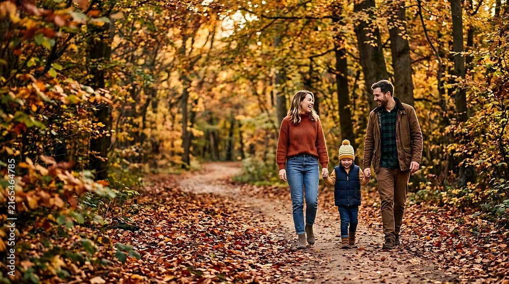 Obraz premium Happy family walking hand in hand through autumn forest trail with golden leaves