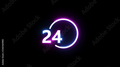 Neon glowing 24 hour sign spinning in circle isolated on black background cinematic loop.