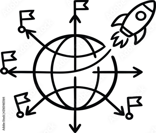 Innovative global business concept depicting worldwide market expansion, strategic direction, and technological growth