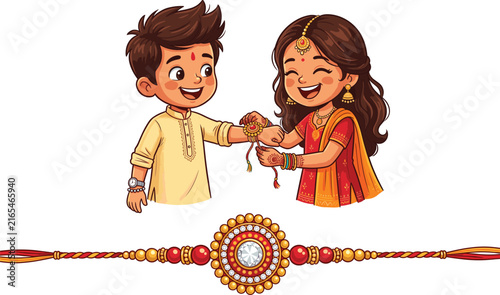 Cute Indian Sister Tying Rakhi on Brother Wrist Happy Raksha Bandhan Festival Cartoon Vector Illustration