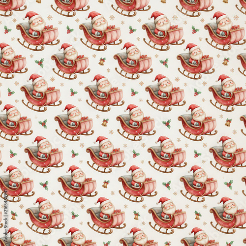 fondo blanco con patron de papa noel en tonos rojos en trineo.