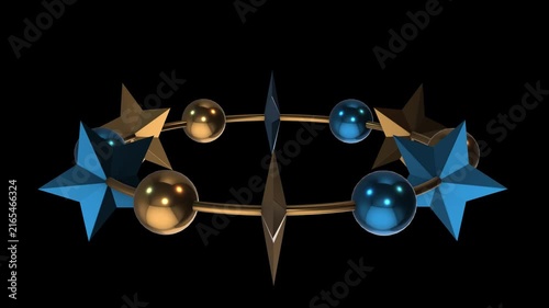 3D Metallic Balls and Golden Stars Rotating Animation, Abstract Luxury Decorative Motion Graphic Element on Black Background