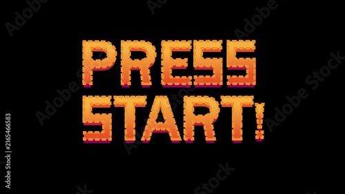 Vintage Press Start Text Animation with Flickering Glow Effect, Retro Game Style Title Graphic on Black Background